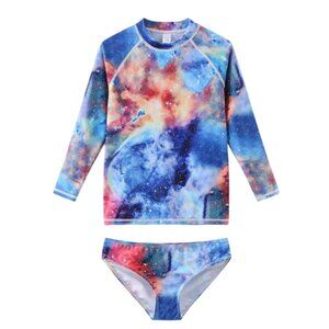 Girls Long Sleeve 2 Piece Tie Dye Rash Guard Swimsuit - UPF 50+ - Size: 15/16